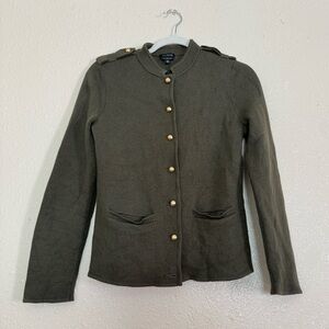 Talbots Green Military Style 100% Merino Wool Cardigan Jacket